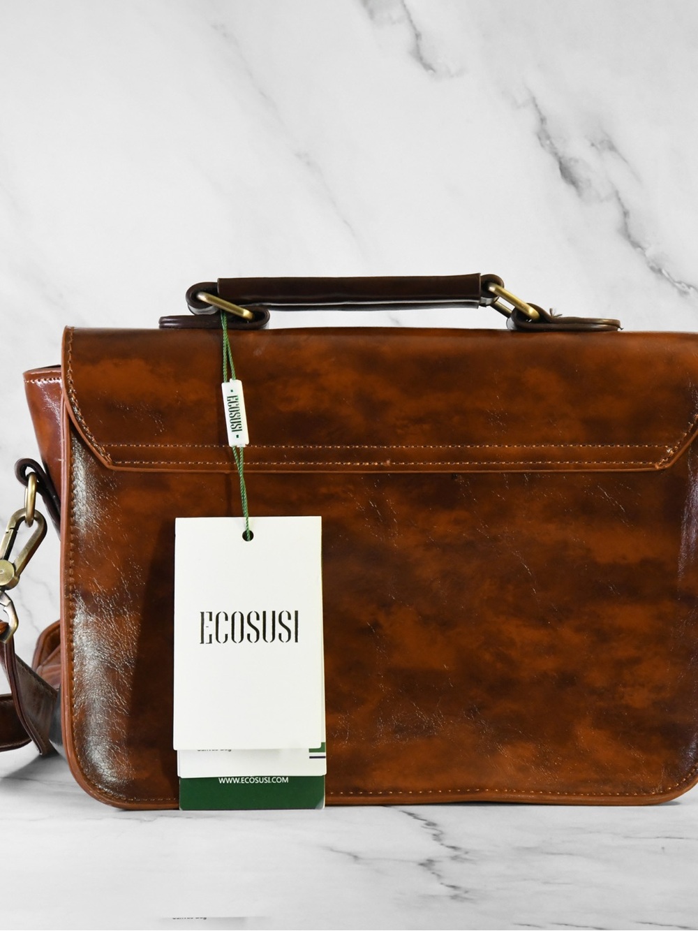 Two-Tone Brown Leather Briefcase Brass Hardware - Picture 4 of 6